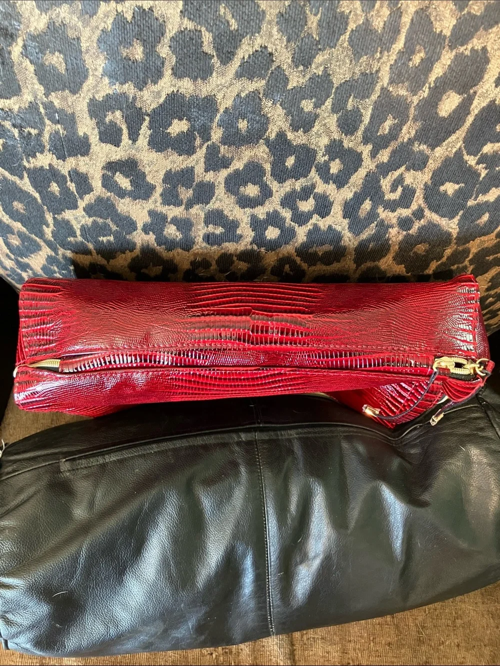 Estée Lauder Red Faux Lizard Cosmetic Bag with Gold Accent